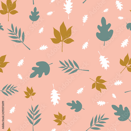 Wallpaper Mural Scattered fall leaves seamless vector background. Abstract fall pattern pink teal white gold brown. Repeating texture Scandinavian fall leaf. Seasonal fall. For fabric, Thanksgiving, digital paper Torontodigital.ca