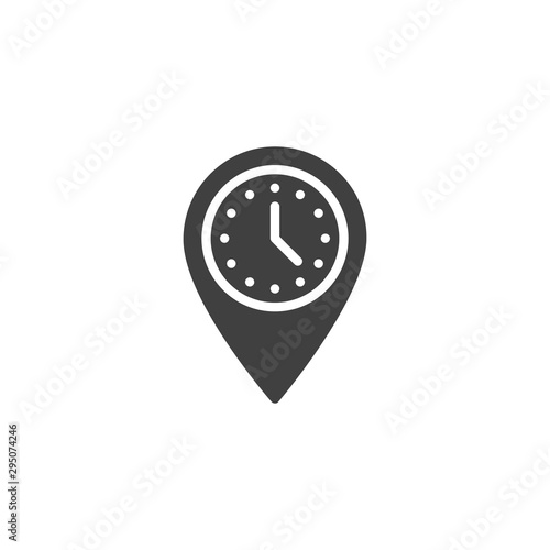 Meeting point vector icon. Map marker with clock filled flat sign for mobile concept and web design. Rendezvous time location pin glyph icon. Symbol, logo illustration. Vector graphics