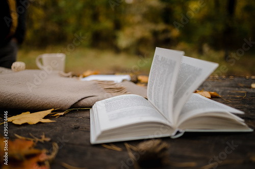 On an old wooden table in an autumn park lies an open book, a plaid, a garland with lights, a cup of yellow leaves and sos cones. Top view, in blur. Autumn warm dark mood, soft focus.
