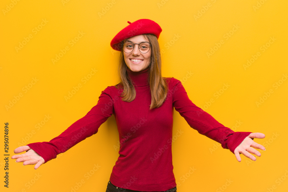 Young french artist woman inviting to come Young french artist woman inviting to come