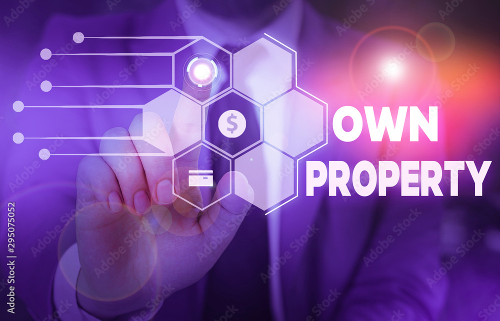 Obraz premium Conceptual hand writing showing Own Property. Concept meaning Things that you own and can take it with you Movable Tangible Male wear formal suit presenting presentation smart device