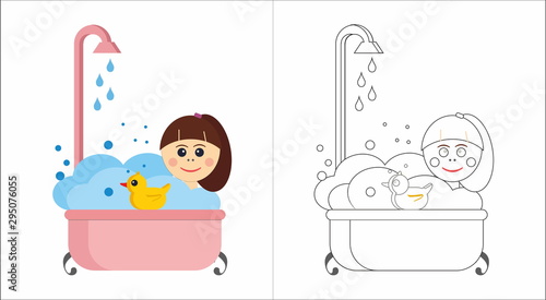Girl is taking a bath - children coloring