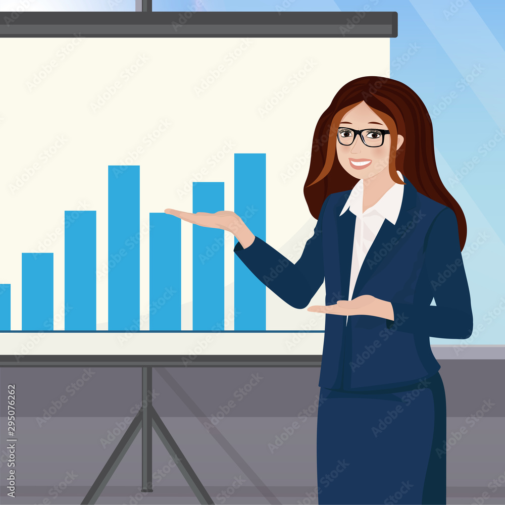 Businesswoman explaining charts on a white board. Business seminar. vector illustration Businesswoman explaining charts on a white board. Business seminar. vector illustration