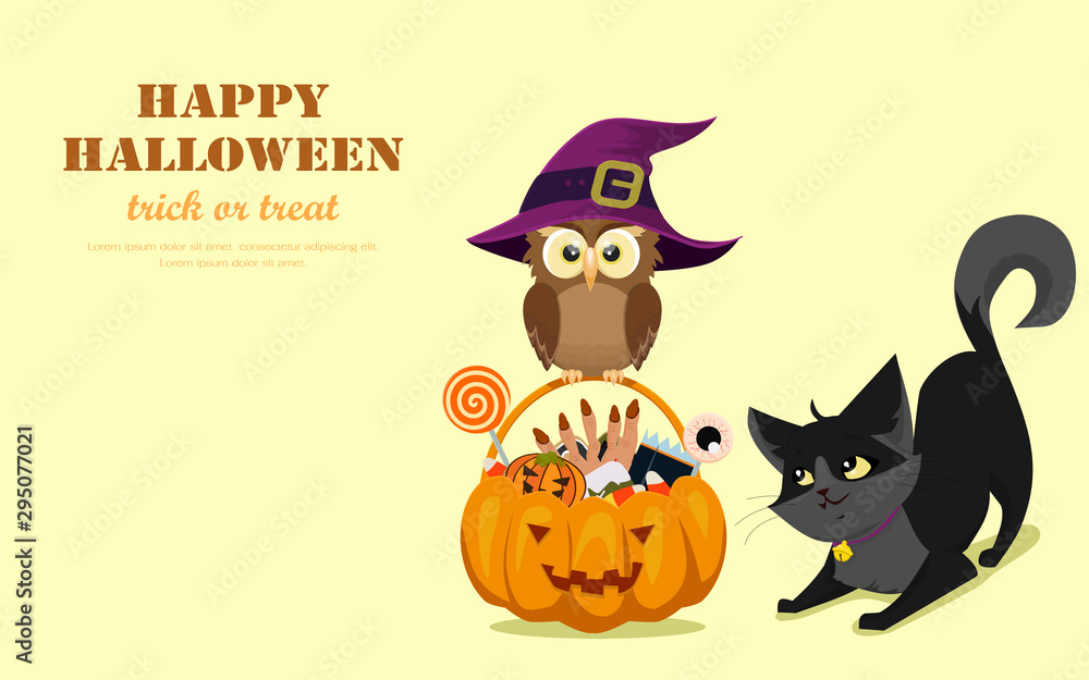 A black kitten looking at some snacks and sweets in the carved pumpkin bucket with an owl on the handle. A black kitten looking at some snacks and sweets in the carved pumpkin bucket with an owl on the handle.