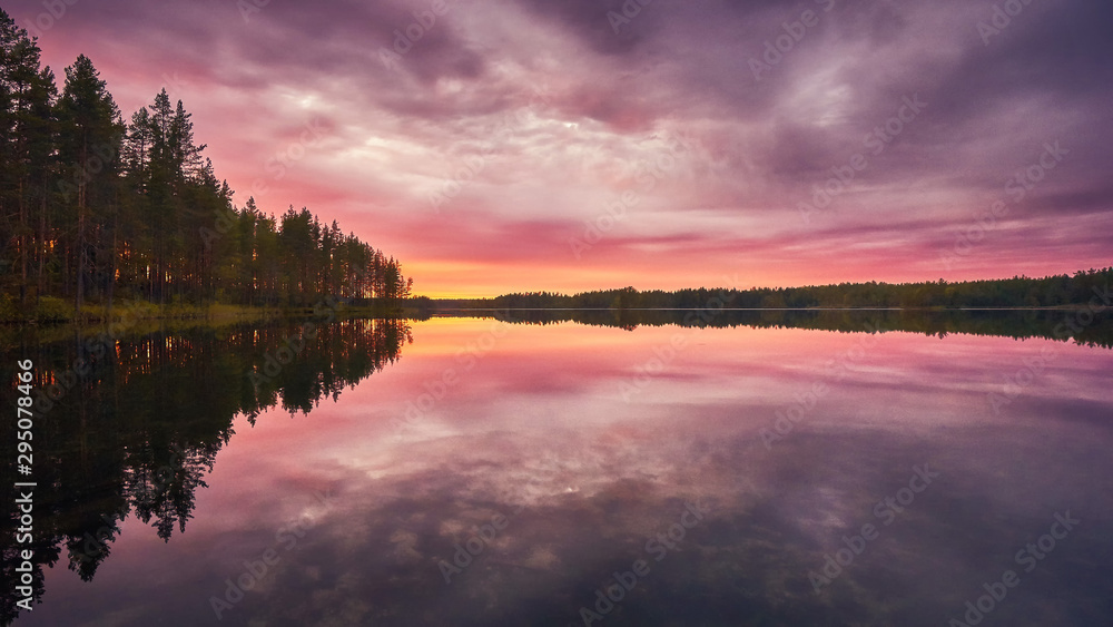 Rose sunset colors at the lake in Karelia - obrazy, fototapety, plakaty 
