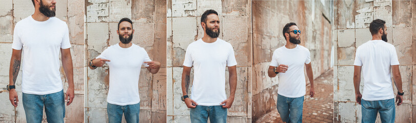Collage of photos with young bearded guy in blank white t-shirt. Design men t shirt mock-up for print