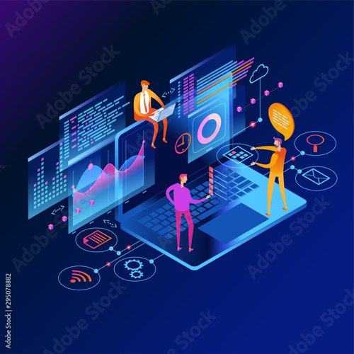 Update database statistics. Workflow and business management. People interacting with graphs and papers. 3D vector isometric illustration.