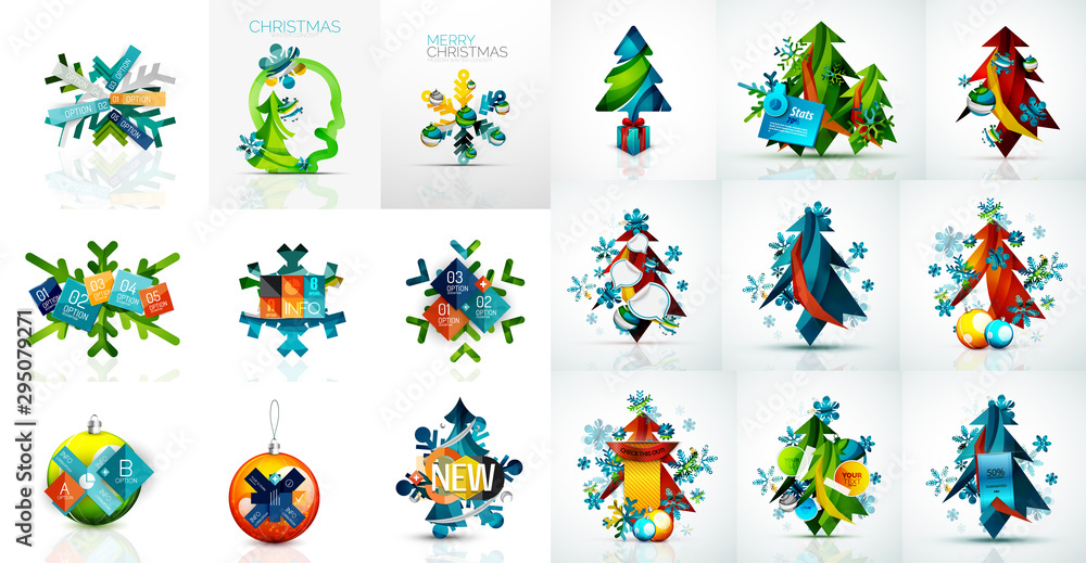 Set of Christmas and New Year design elements. Labels, buttons, tags, promotion banners and other templates. Snowflakes, Christmas pine trees and other holiday icons with place for text and buttons.