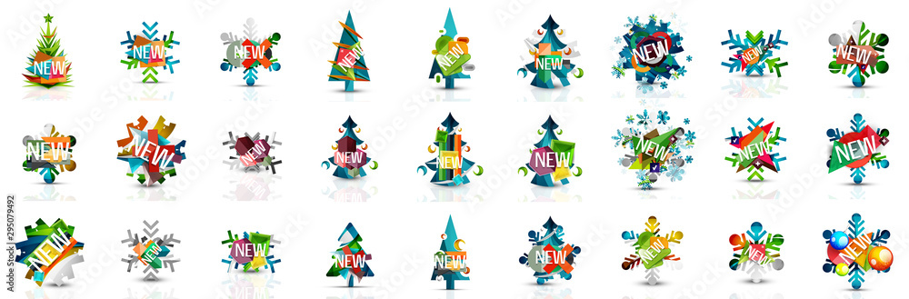 Set of Christmas and New Year holiday banners. Labels, stickers, discount and price tags, holiday icons with Christmas trees, snowflakes. Minimal geometric abstract symbols. Vector art