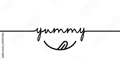 Yummy - continuous one black line with word. Minimalistic drawing of phrase illustration photo