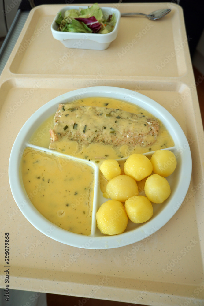 Salmon with boiled potatoes and gravy served as a delicious lunch on the tray Salmon with boiled potatoes and gravy served as a delicious lunch on the tray