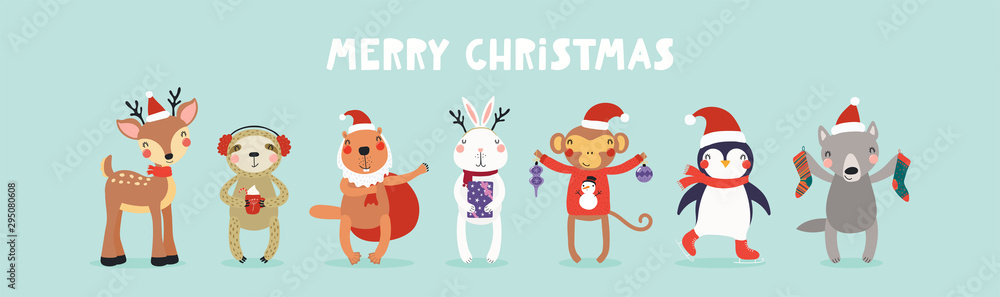 Hand drawn card with cute animals in Santa Claus hats, tree, gifts, ornaments, text Merry Christmas. Vector illustration. Isolated objects. Scandinavian style flat design. Concept kids print, invite.