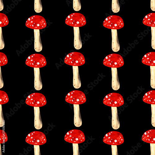 Seamless pattern with cute hand-drawn fly amanita on black background.