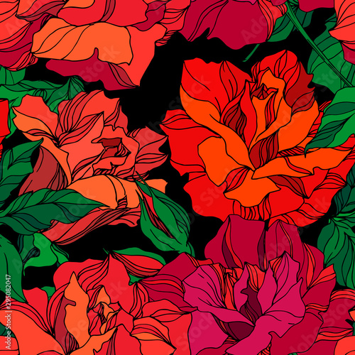 Vector Rose floral botanical flowers. Green and red engraved ink art. Seamless background pattern.