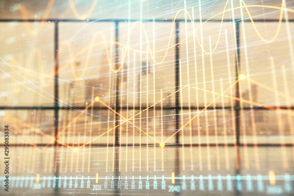 Obraz premium Double exposure of financial chart on empty room interior background. Forex market concept.