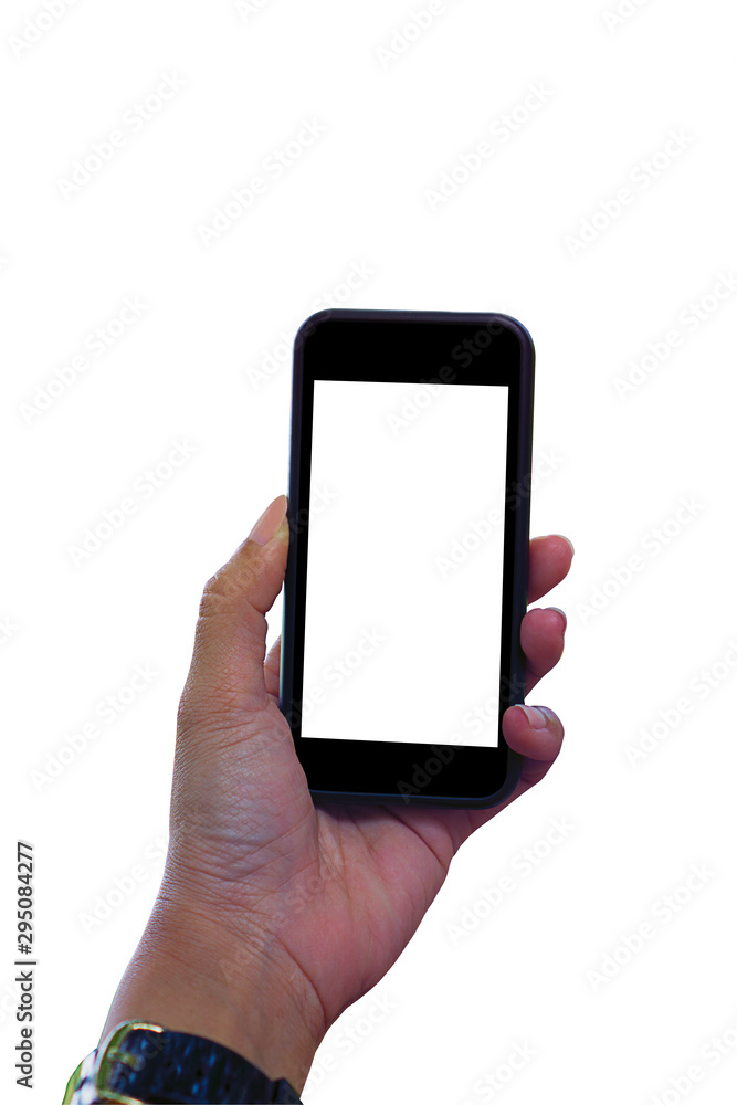 hand holding smart phone with blank screen isolated on white hand holding smart phone with blank screen isolated on white
