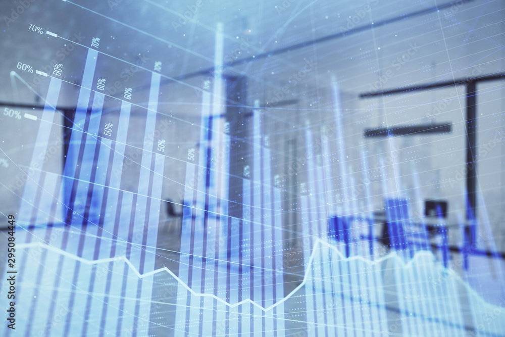 Stock and bond market graph with trading desk bank office interior on background. Multi exposure. Concept of financial analysis Stock and bond market graph with trading desk bank office interior on background. Multi exposure. Concept of financial analysis