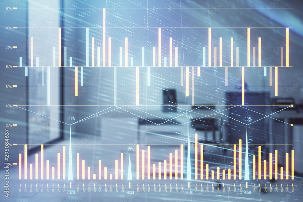 Stock market chart with trading desk bank office interior on background. Double exposure. Concept of financial analysis Stock market chart with trading desk bank office interior on background. Double exposure. Concept of financial analysis