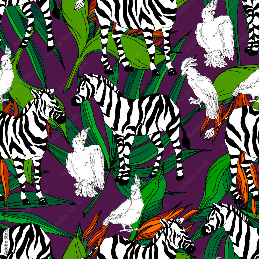 Obraz premium Vector Exotic zebra print wild animal isolated. Black and white engraved ink art. Seamless background pattern.