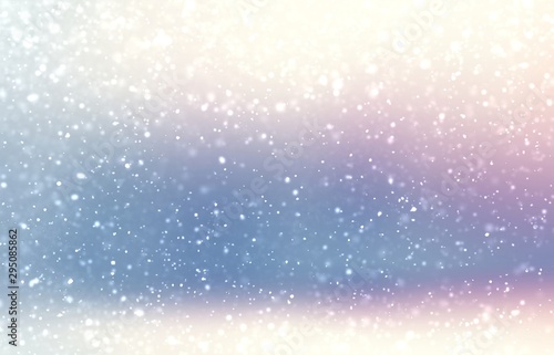 Fluffy snow 3d background blur. White blue pink tints iridescent illustration. Winter decoration.