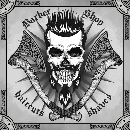 Vintage, hipster skull barbershop logo in old style, vector.
