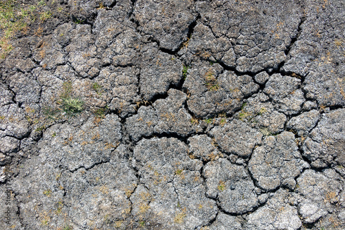 Dry earth with cracks on arid soil surface seen from above. Environmental signs of climate change and global warming