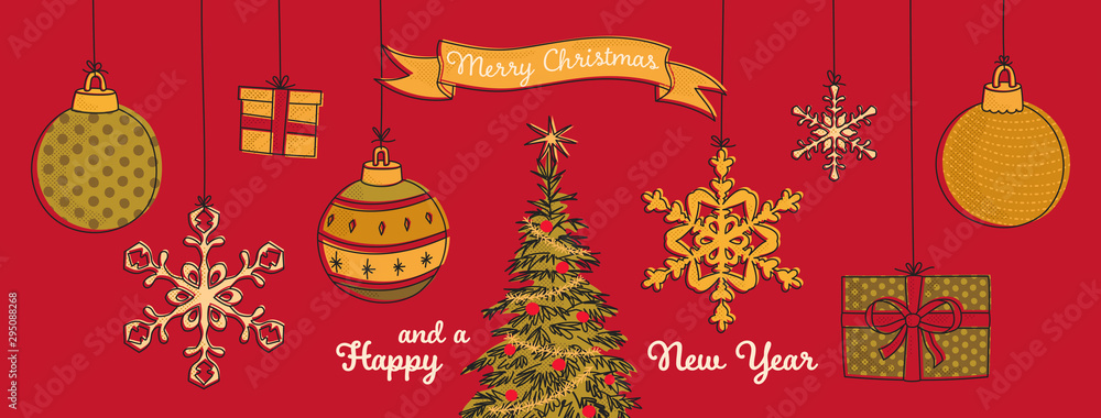Merry Christmas and a happy new year, suspended Christmas ornaments, greeting card, red Merry Christmas and a happy new year, suspended Christmas ornaments, greeting card, red