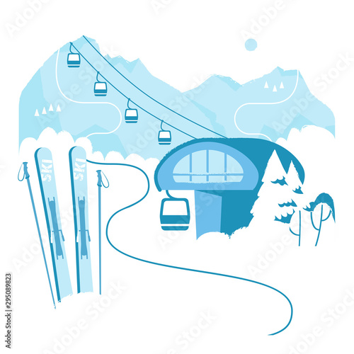 Ski resort vacation with ski lift. Winter outdoor holiday activity sport in alps, landscape with mountain view and forest, Ski equipment in the foreground. Flat style