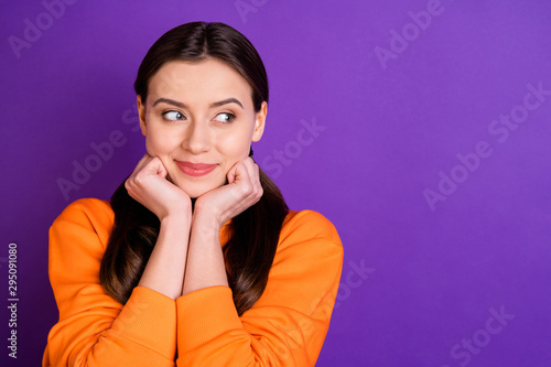 Close-up portrait of her she nice attractive lovely cute winsome dreamy peaceful calm cheery girl looking aside copyspace isolated over bright vivid shine vibrant violet purple lilac color background