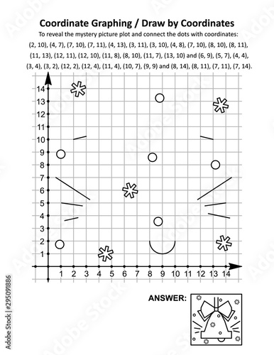 Coordinate graphing, or draw by coordinates, math worksheet with christmas ringing bell: To reveal the mystery picture plot and connect the dots with given coordinates. Answer included.