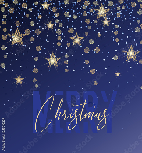 Vector illustration of a Christmas background. Merry Christmas card with golden stars. Gold decoration on blue background