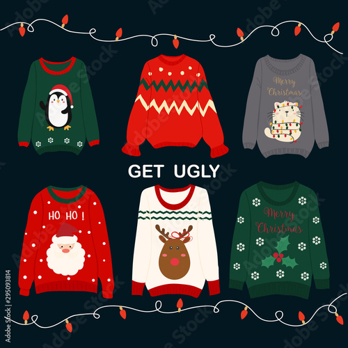 set of cute ugly Christmas sweaters.
