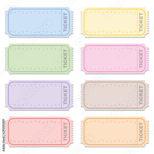 Strip tickets, blank raffle tickets, different colors. For tombola, lottery, admission, cinema, theater, festival and other events. Retro style vector on white background. photo