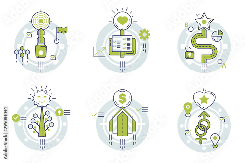 Green business way arrow outline vector illustration. Successful financial road to richness and happiness. Set of monocolor line art icons