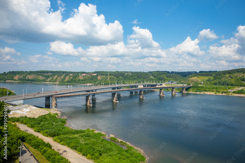Aerial view of Kuznetsk bridge over the river Tom in Kemerovo, Siberia, Russia