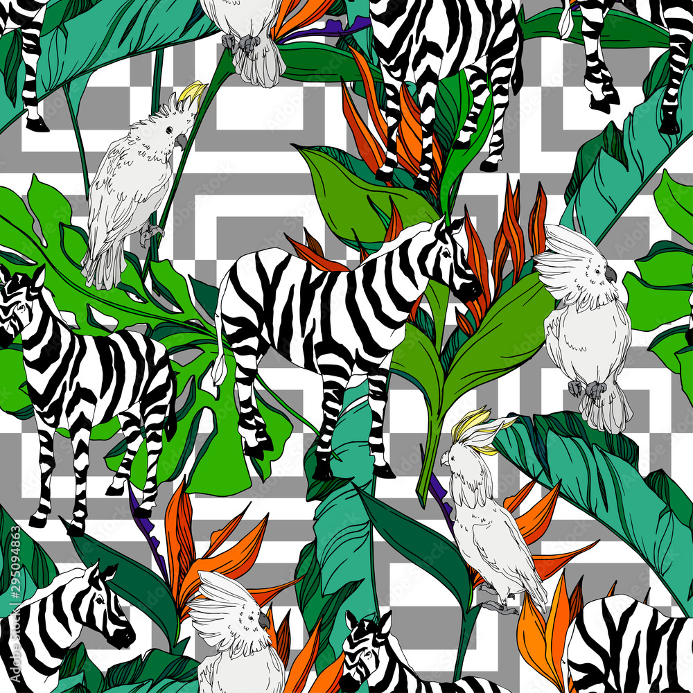 Fototapeta premium Vector Exotic zebra print wild animal isolated. Black and white engraved ink art. Seamless background pattern.