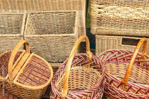 Group of empty wicker baskets in a market, top view