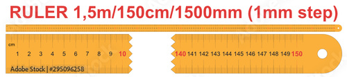 Ruler of 1500 millimeters. Ruler of 150 centimeters. Ruler of 1,5 meters. Calibration grid, mockup. 1 mm increment.