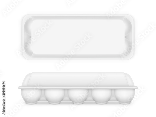 Egg package mock up, vector blank food tray, box or container side and top view isolated on white background. Natural products packaging advertising design element. Realistic 3d illustration clip art
