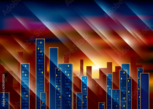 City scenery under the sunset. The picture has some decorative twill designs.