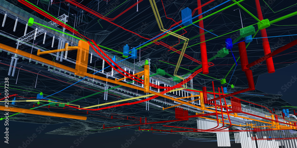 The BIM model of the underground infrastructure object of urban utilities wireframe view