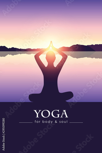 yoga for body and soul meditating person silhouette by the lake with mountain landscape vector illustration EPS10