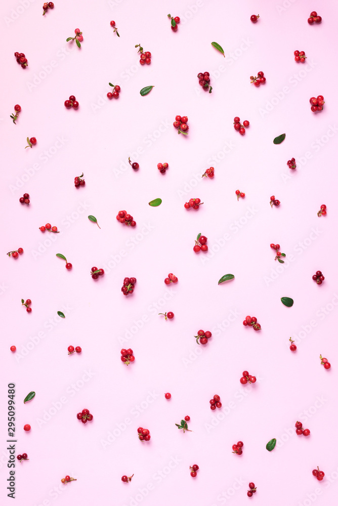 Colourful bright pattern made of natural berries on pink background. Top view. Summer red lingonberry pattern