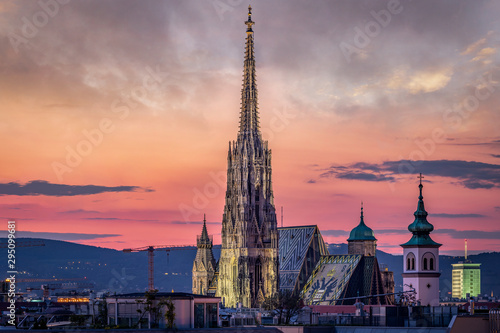 Vienna Skyline at night with St. Stephen's Cathedral, Vienna, Austria