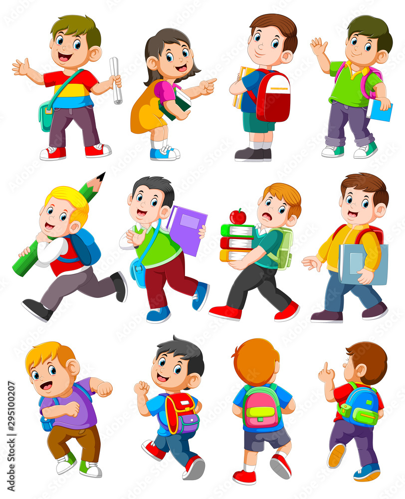 Cartoon children with books and school supplies Cartoon children with books and school supplies