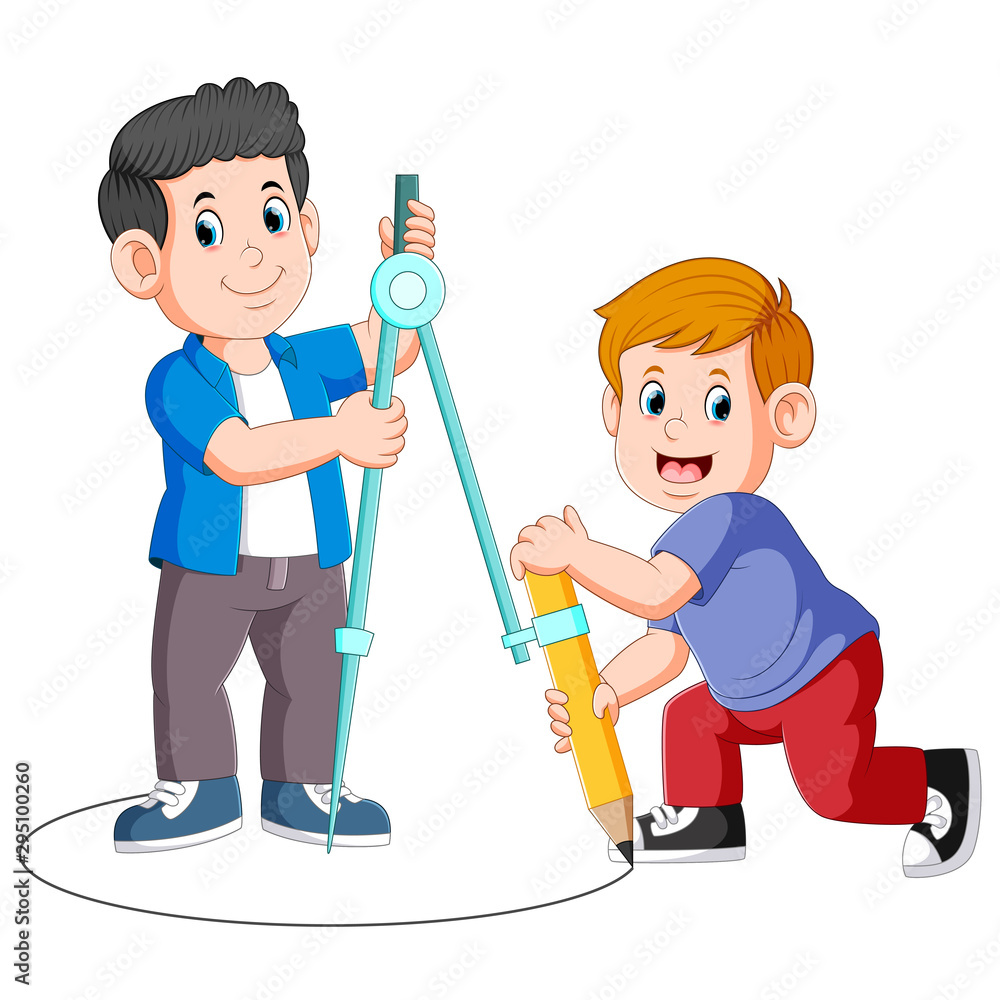Two boy using a big compass and pencil for drawing circles Two boy using a big compass and pencil for drawing circles
