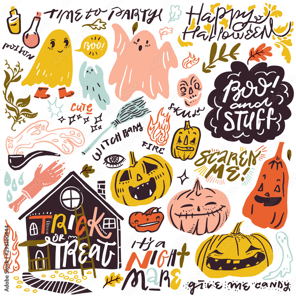Vector witch magic design elements set. Hand drawn, doodle, sketch magician collection. Witchcraft mystery symbols. Perfect for stickers, cards, print design Vector witch magic design elements set. Hand drawn, doodle, sketch magician collection. Witchcraft mystery symbols. Perfect for stickers, cards, print design