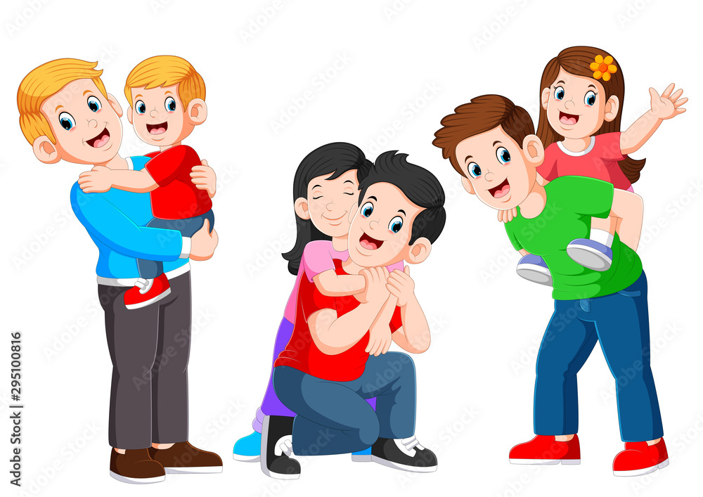 Three happy father hugging his child and playing with his children Three happy father hugging his child and playing with his children