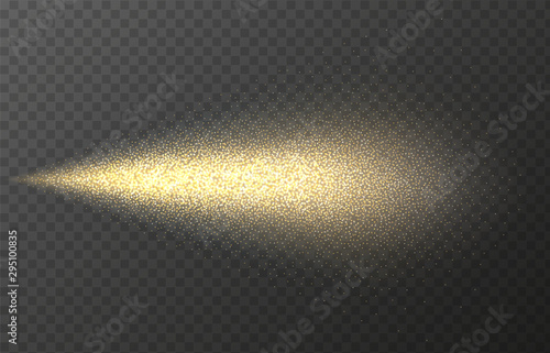 Gold spray paint with glitter particles isolated on transparent background. Golden fashion shimmer spray vector effect. Luxury scent template.
