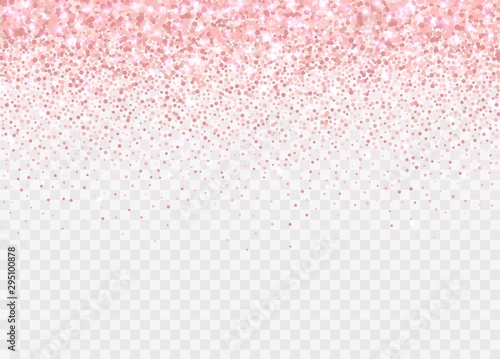 Rose gold glitter partickles isolated on transparent background. Pink backdrop shimmer effect for birthday cards, wedding invitations, Valentine's day templates etc. Falling sparkling confetti.